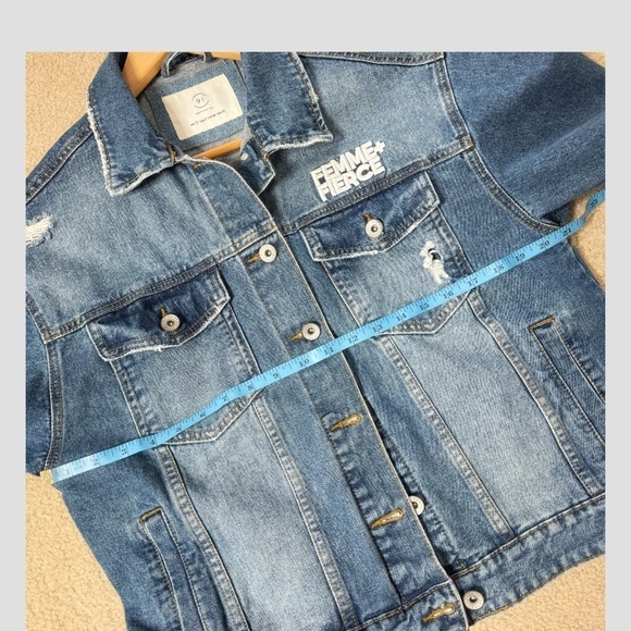 NEW Cotton On Denim Jacket Femme Fierce Graphic Worn In Statement Denim Jacket - Picture 10 of 15